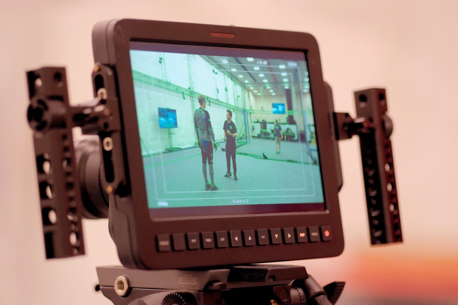 Motion capture session viewed through a production monitor